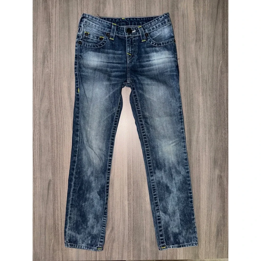 True Religion Kids Boys Girls Straight Leg Jeans Blue Wash 10 Yellow Stitch A1